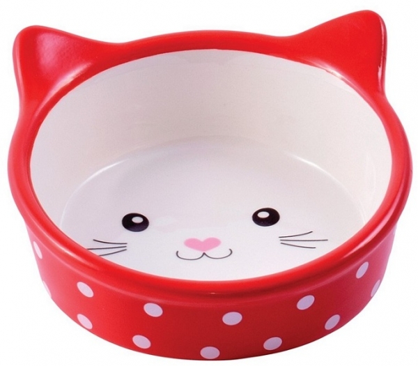 Миска керамическая для кошек красная в горошек Керамикарт мордочка кошки 250 мл