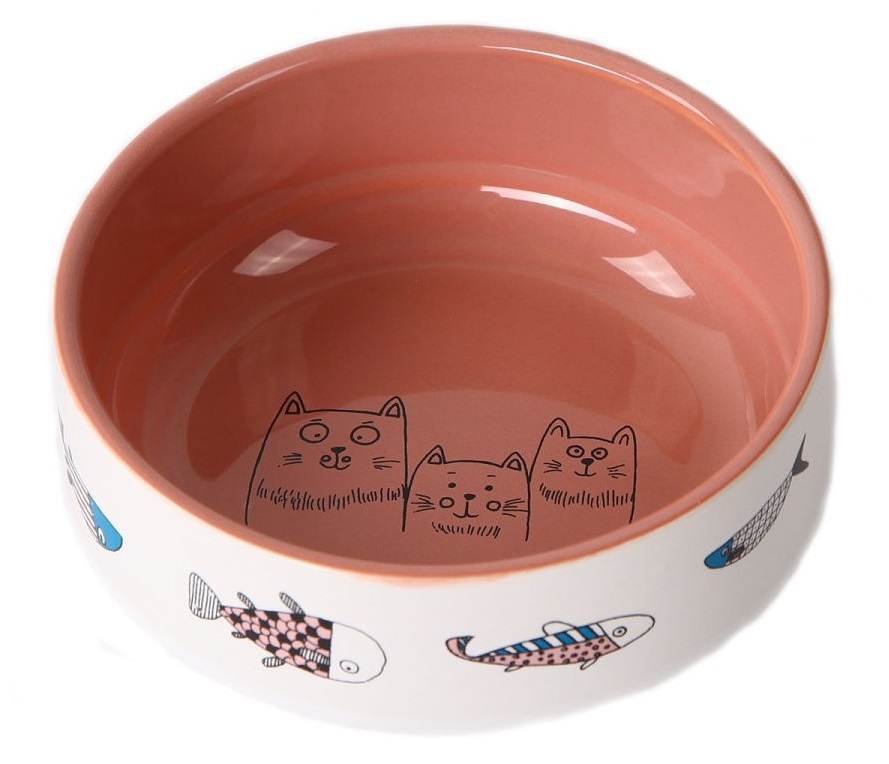 Миска керамическая для кошек лососевая Joy коты с рыбками 380 мл 12.5см