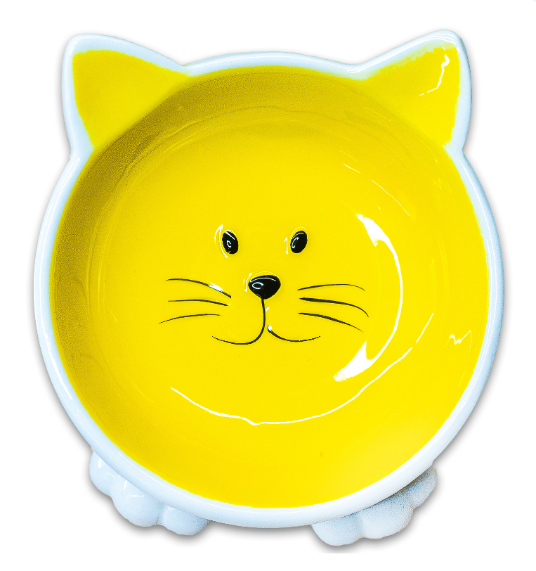 Миска керамическая на ножках для кошек желтая Mr.kranch мордочка кошки 100 мл