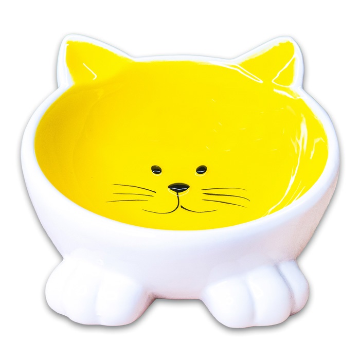 Миска керамическая на ножках для кошек желтая Керамикарт мордочка кошки 100 мл