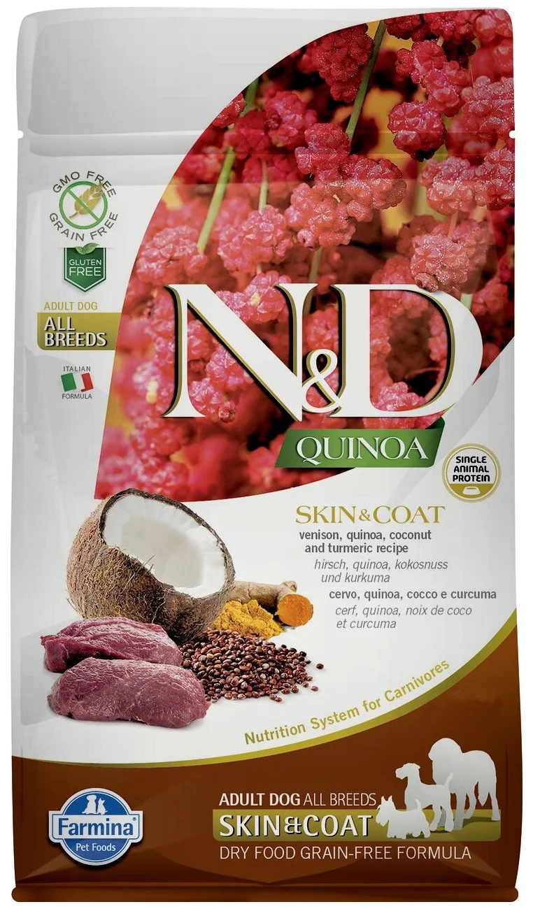 Корм беззерновой для собак Farmina n&d dog quinoa skin&coat здоровье кожи и шерсти 800 г оленина,киноа,кокос,куркума