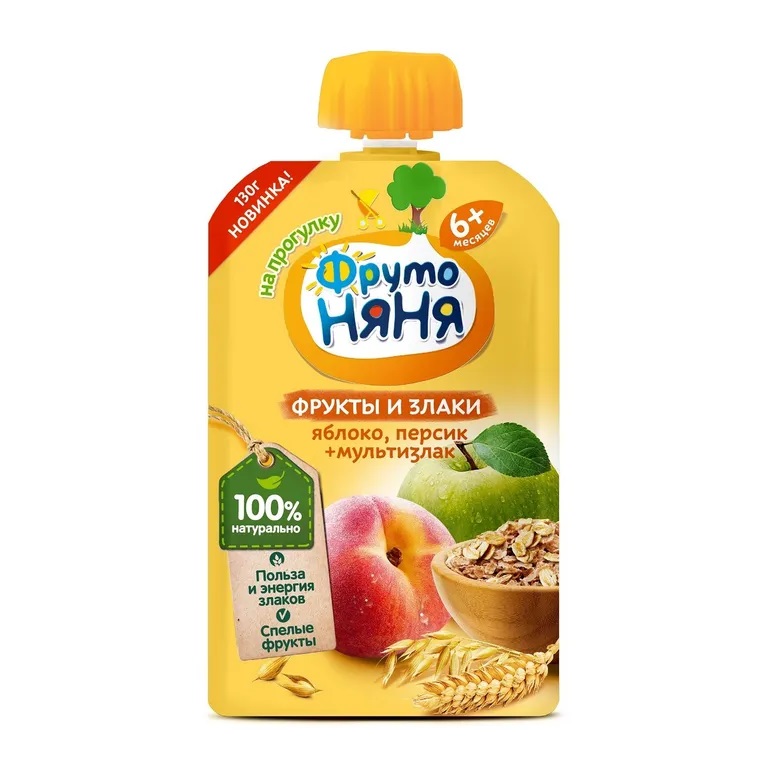 ФрутоНяня пюре яблоко/персик/злаки мягкая упак 130г