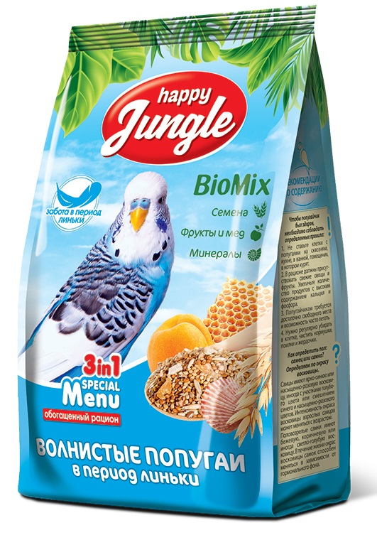 Корм для волнистых попугаев при линьке Happy jungle 500 г