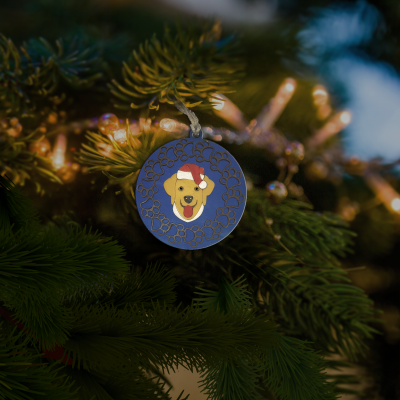 новый год игрушка деревянная медаль синяя с мордой лабрадора