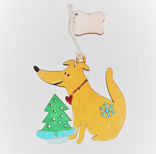 новый год игрушка деревянная раскрашенная собачка с елочкой