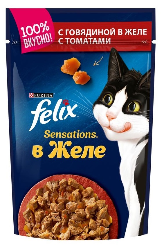 Корм для кошек Felix sensations 75 г пауч говядина и томат в желе