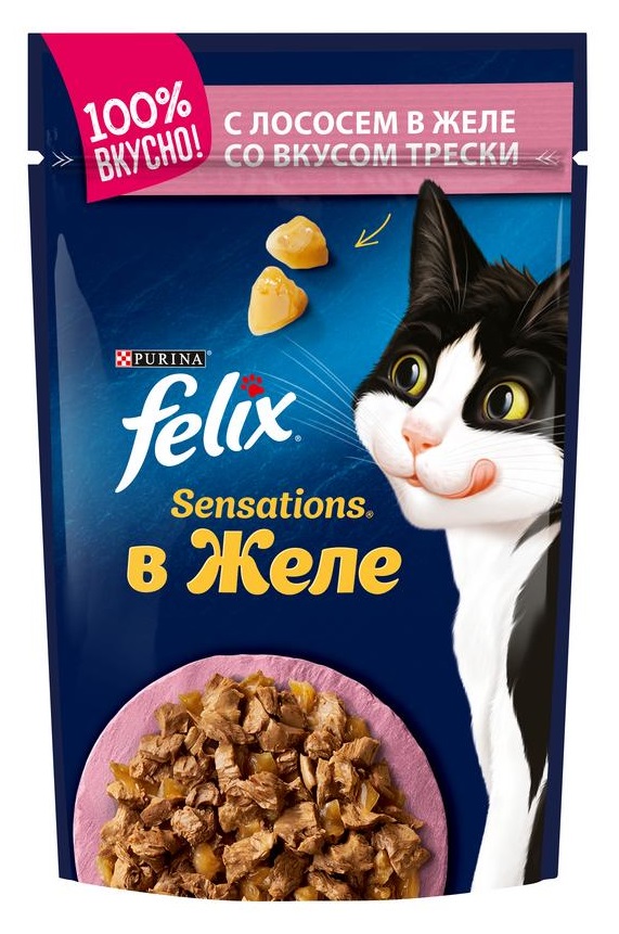 Корм для кошек Felix sensations 75 г пауч лосось и треска в желе