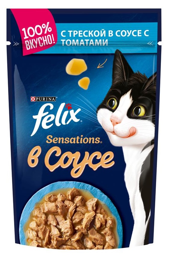 Корм для кошек Felix sensations 75 г пауч с треской и томатами в соусе