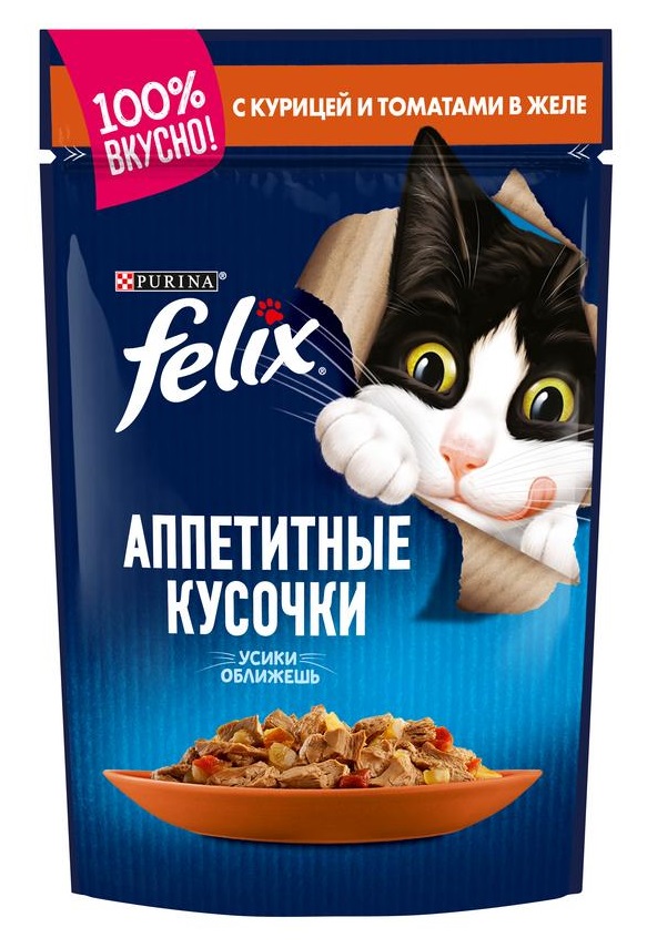 Корм для кошек Felix аппетитные кусочки 75 г пауч курица томат в желе