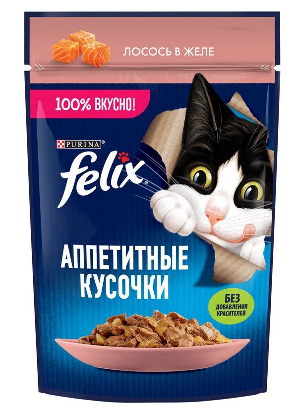 Корм для кошек Felix аппетитные кусочки 75 г пауч лосось в желе