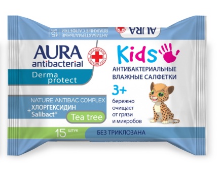 Аура Derma Protect салфетки влажные антибактериальные детские +3г N 15