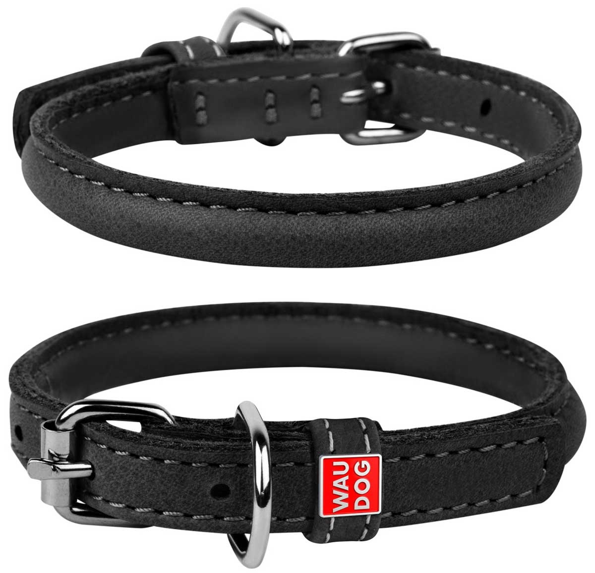 Ошейник кожаный двойной прошитый круглый для длинношерстных собак черный Collar soft без украшений 13мм/33-41см