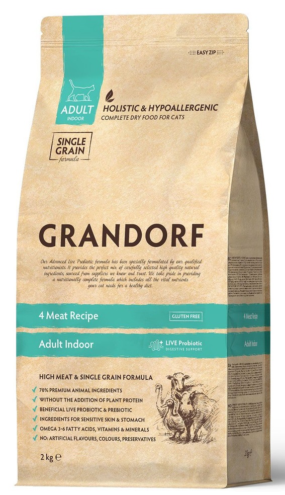 Корм для кошек Grandorf 4 meat recipe probiotic indoor 2 кг 4 вида мяса с пробиотиками