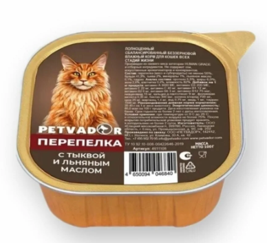 Корм для кошек Petvador паштет 100 г ламистер перепелка с тыквой