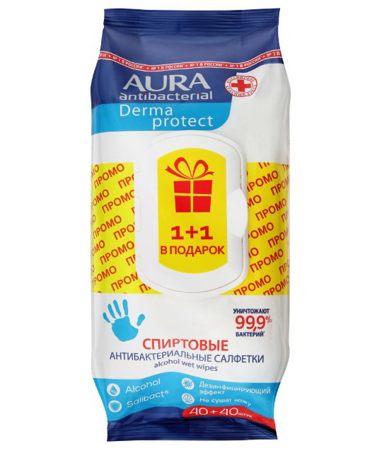 Аура antibacterial Derma protect влажные спиртовые салфетки антибактериальные N 80