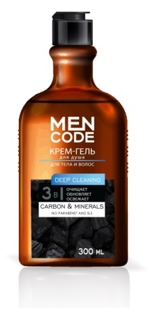 Men code гель для душа для мужчин очищает/обновляет/освежает экстракт угля/минералов 300 мл