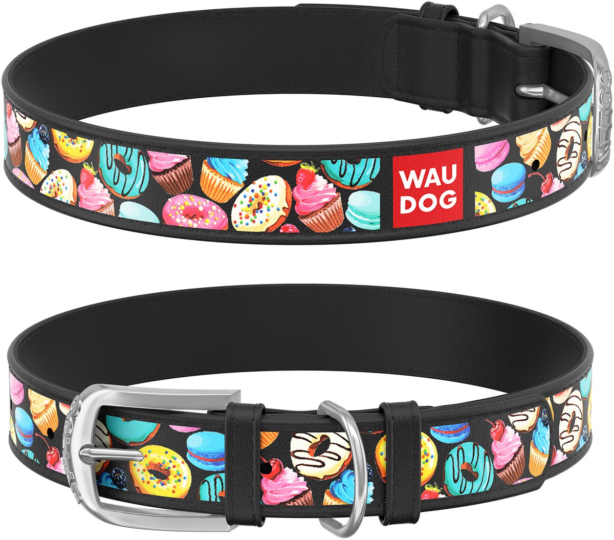Ошейник черный с рисунком пончики Collar waudog design 20мм/30-39см