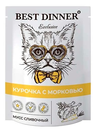 Корм для кошек и котят с 1мес. Best dinner exclusive мусс сливочный 85 г пауч курочка с морковью