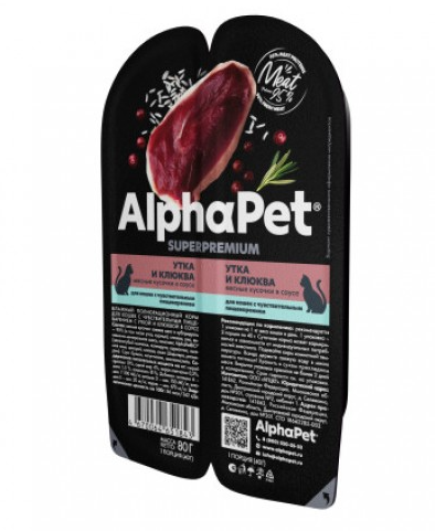 Корм для кошек с чувствительным пищеварением Alphapet superpremium мясные кусочки в соусе 80 г утка и клюква