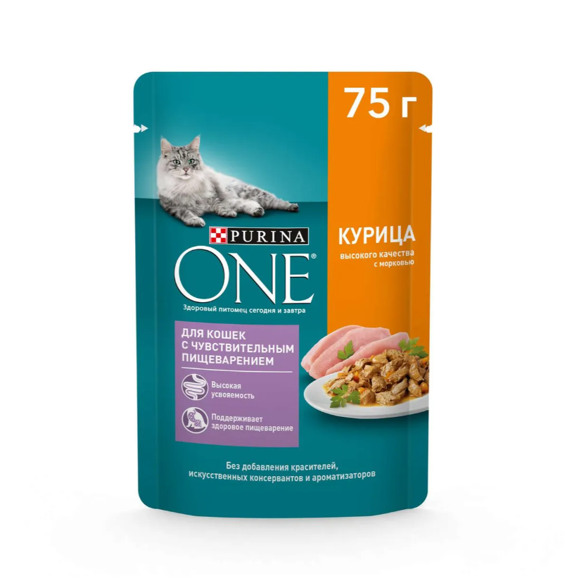Корм для кошек с чувствительным пищеварением Purina one 75 г пауч курица