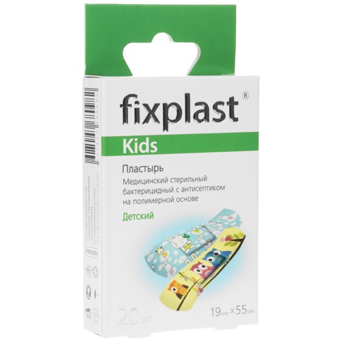 Fixplast Пластырь Kids медицинский стерильный бактерицидный с антисептиком на полимерной основе 19х55мм N 20
