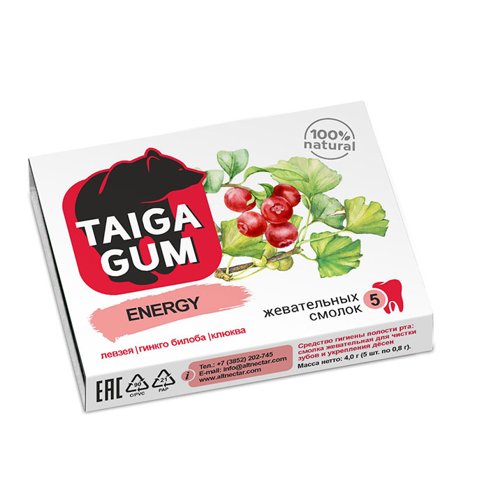 Taiga Gum Energy смолка жевательная из смолы лиственницы сибирской с пчелиным воском левзея/клюква/гинкго билоба 48г N 5
