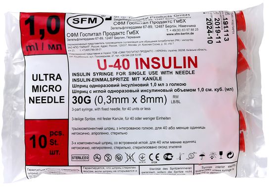 SFM шприц инсулиновый 3-х компонентный с иглой U-4 30G 0.3х8мм 1мл N 10