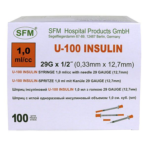 Шприц SFM инсулиновый U-100 3-х компонентный с иглой 29G (0.33*12,7мм) 1мл N 10