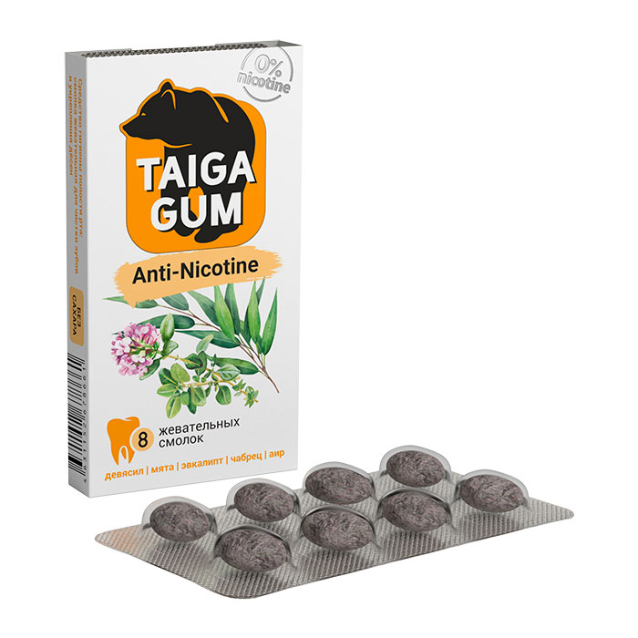 Taiga Gum Anti-Nicotine смолка жевательная из смолы лиственницы сибирской девясил/аир/эвкалипт/чабрец 4г N 5