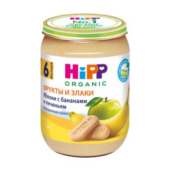 Hipp organic фрукты и злаки яблоки с бананами и печеньем без сахара 6+месяцев 190г