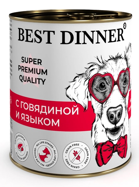 Корм для собак и щенков с 6 месяцев Best dinner super premium мясные деликатесы 340 г бан. с говядиной и языком