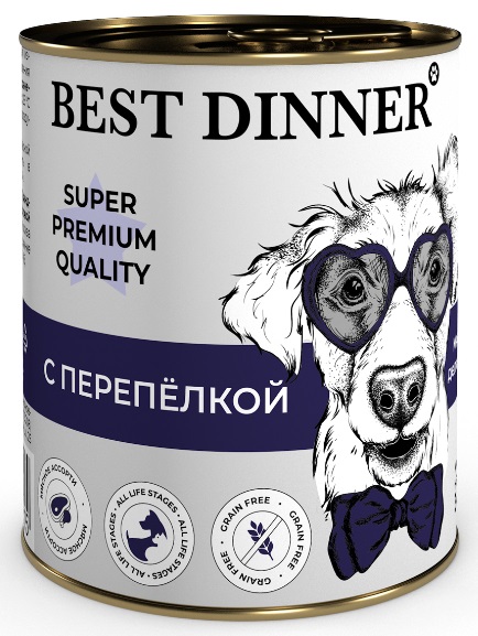 Корм для собак и щенков с 6 месяцев Best dinner super premium мясные деликатесы 340 г бан. с перепелкой