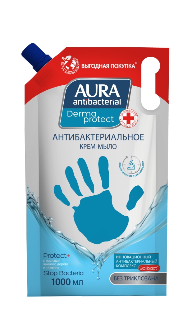 Аура крем-мыло Derma Protect антибактериальное 1л с маслами чайного дерева и тимьяна