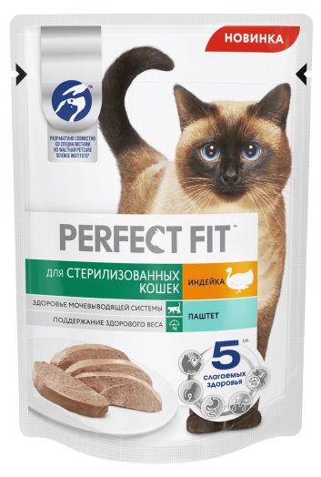 Корм для стерилизованных кошек Perfect fit паштет 75 г пауч индейка
