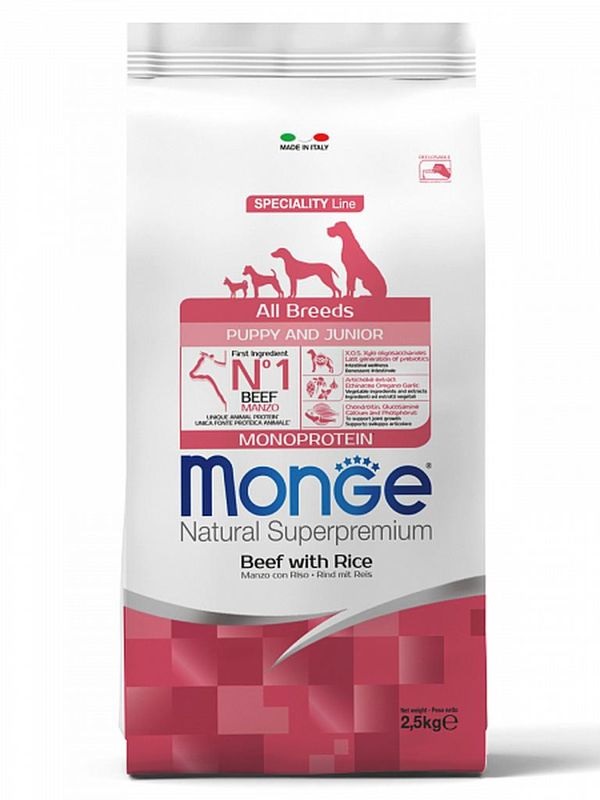 Корм для щенков всех пород Monge dog speciality line puppy&junior monoprotein 2.5 кг говядина с рисом