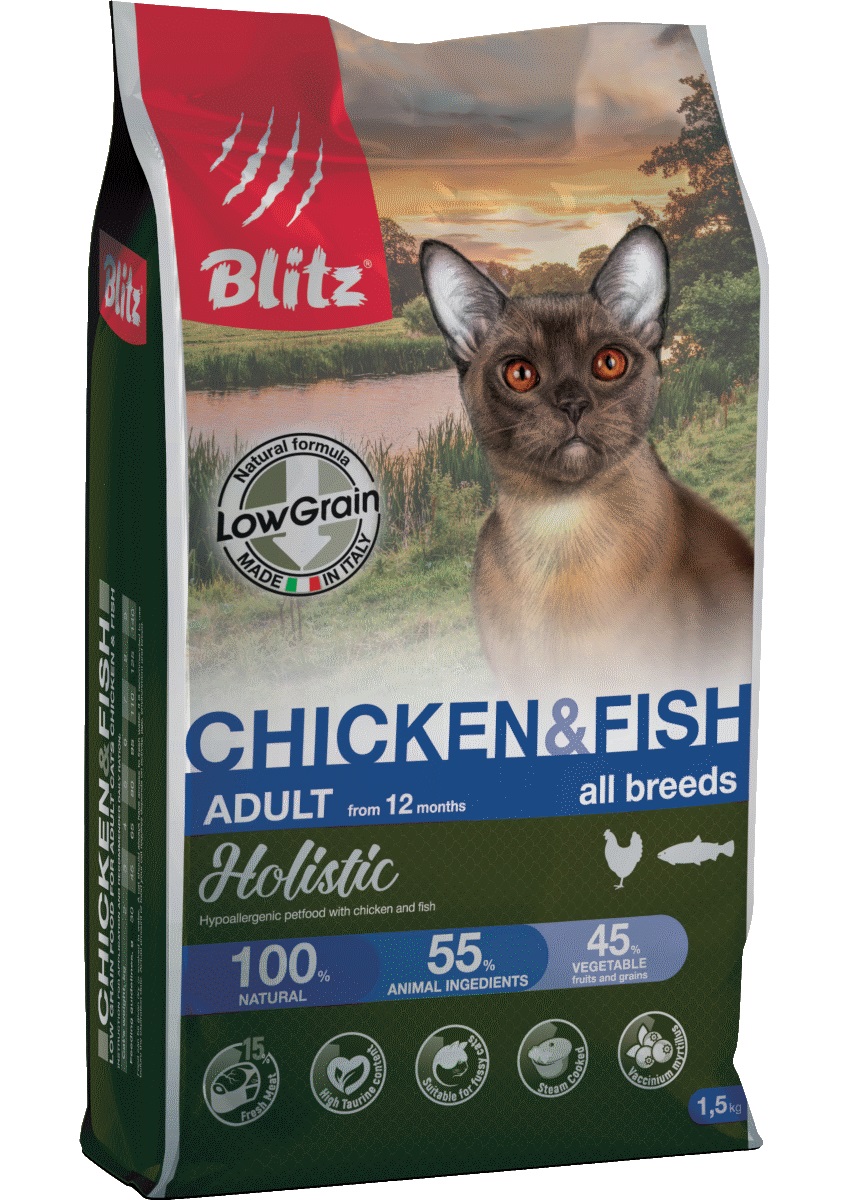 Корм низкозерновой для кошек Blitz holistic 1.5 кг курица и рыба