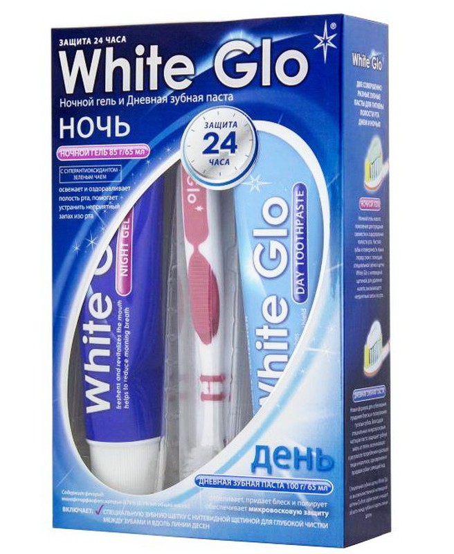Набор White Glo ночной гель 85г/ дневная зубная паста 100г/ зубная щетка DuPont