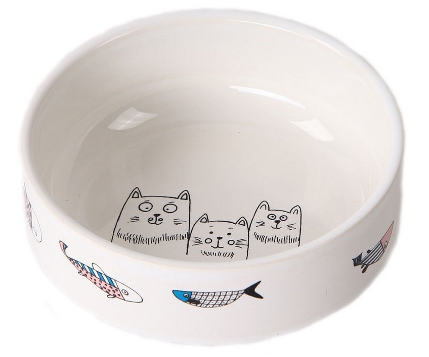 Миска керамическая для кошек белая Joy коты с рыбками 380 мл 12.5см