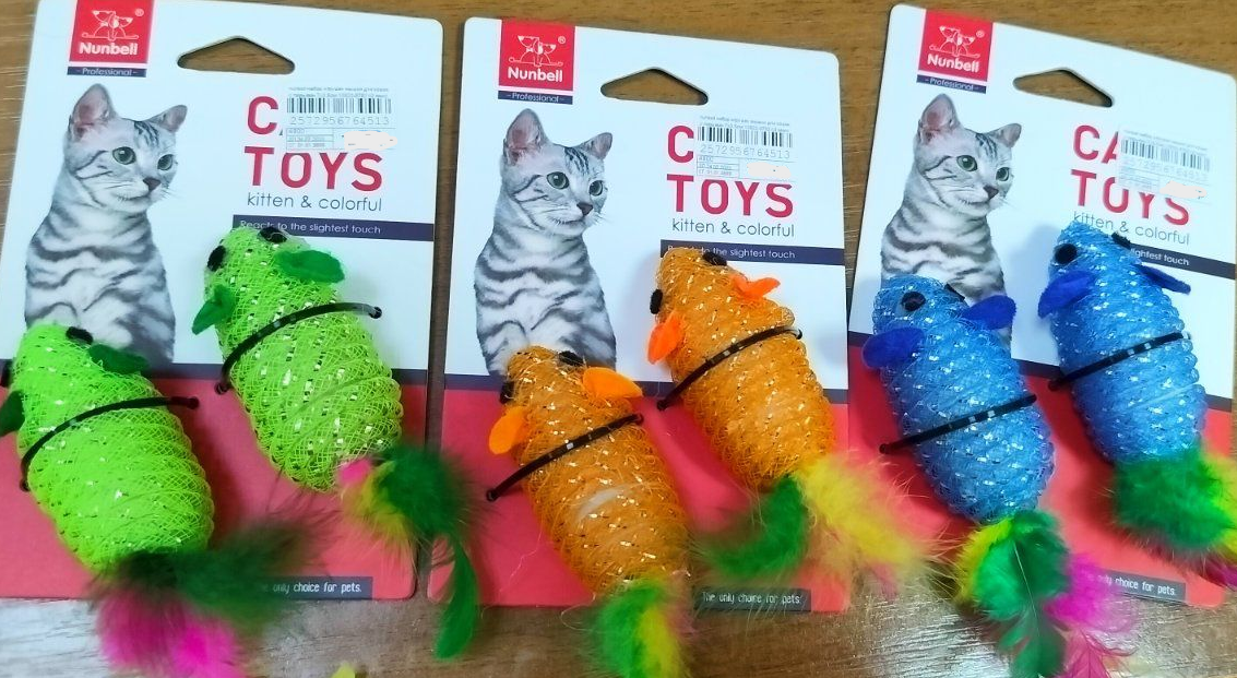 Набор игрушек мышки с перьями для кошек Nunbell микс 7х3.5см n2 10922-8782