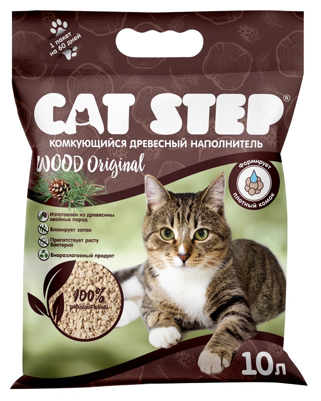 Наполнитель комкующийся растительный для кошачьего туалета Cat step wood original 10 л